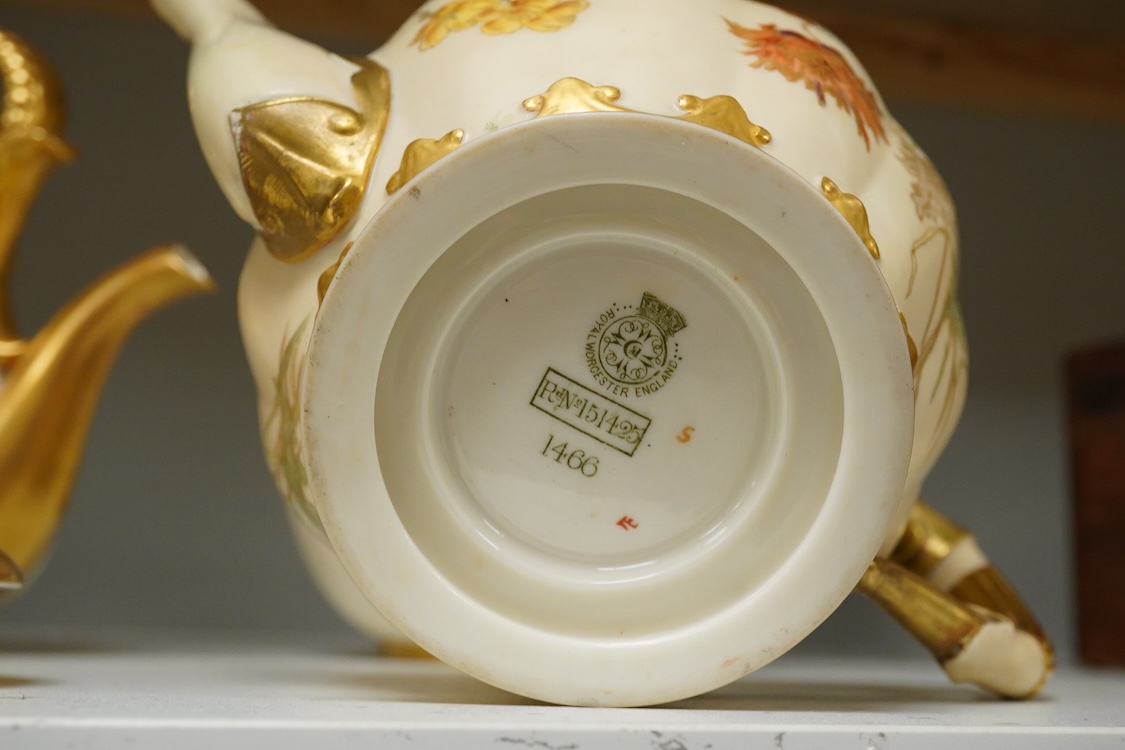 Four 19th century Worcester blush ivory teapots, with floral decoration and decorative handles, largest 20cm wide